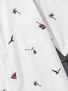 SHEIN Áo sơ mi ngắn tay màu trắng dành cho nam thiếu niên, in hình cây cọ nhiệt đới, thuyền và chấm bi, kiểu dáng giản dị, thoải mái, đa năng, phù hợp mặc hàng ngày, đi học, du lịch, lễ hội âm nhạc, tiệc tùng, kỳ nghỉ hè ở bãi biển. Áo sơ mi mùa hè, áo sơ mi in họa tiết nhiệt đới, áo sơ mi đi biển, áo sơ mi nam thường ngày. - trắng - Xem 10