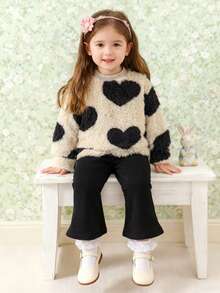 2pcs/Set Baby Girls Heart Pattern Knitted Fluffy Sweater And Fleece Bell-Bottom Pants,Black Autumn Cute Family Matching Winter Outfits For Daily Wear - Multicolor - View 3