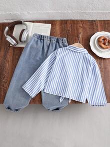 2pcs Young Girl Woven Striped Casual Shirt And Denim Pants Set - Multicolor - View 2