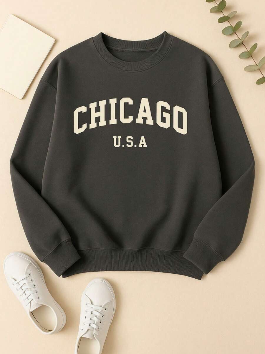 Sudadera estampada "CHICAGO U.S.A." - moderna, urbana y cómoda con estilo universitario premium - Gris Oscuro - Ver 1