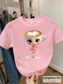 SHEIN Young Girls' Casual Fashion Creative Cute Cartoon Ballet Girl Graphic Print Basic Short T-Shirt, Suitable For Girly Outfits - Pink - View 1
