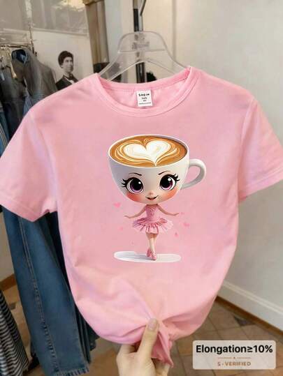 SHEIN Young Girls' Casual Fashion Creative Cute Cartoon Ballet Girl Graphic Print Basic Short T-Shirt, Suitable For Girly Outfits