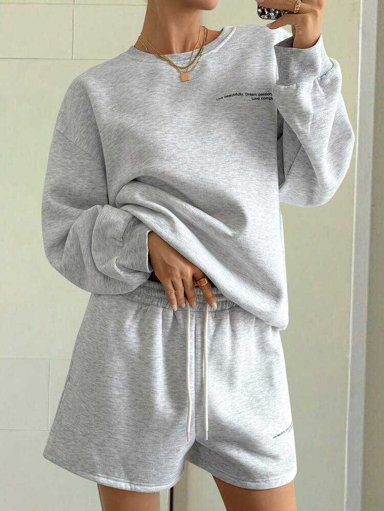 Women's Outdoor Letter Print Crew Neck Top And Casual Shorts Sports Suit