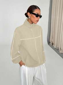 SHEIN Unity 白色拉链运动夹克，饰有条纹滚边 - 卡其色 - 查看 4