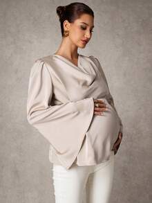 MaterniChic Maternity Clothes Maternity  Tops Spring And Summer Pregnant Clothes Apricot Maternity Blouse, Satin V-Neck, Long Sleeves, Elegant Party - Apricot - View 5