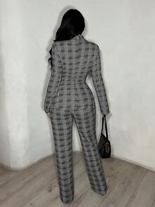 SHEIN SXY 女士千鸟格纹长袖西装外套、单排扣马甲和长裤三件套，优雅套装，格子两件套，裤装套装，女士西装套装，女士套装，外出套装，女士套装，格子两件套 - 彩色 - 查看 2