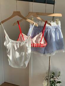 Comfortcana Women's Letter Print Camisole, Plaid Bra, And Striped Shorts Casual Outfit Set Gingham Set Summer Clothes Set - Multicolor - View 2