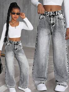 Sparklyn 少女浅灰色带口袋宽松阔腿牛仔裤，适合日常休闲穿着 - 淺灰色 - 查看 3