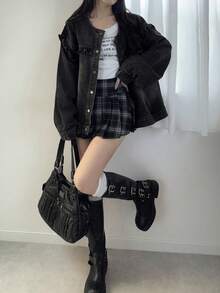 FRIFUL 女士休闲水洗牛仔外套，荷叶边下摆，秋季款 - 黑色 - 查看 4