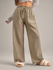 Women's Solid Color Ruffle Waist Tie Casual Pants - Apricot - View 1