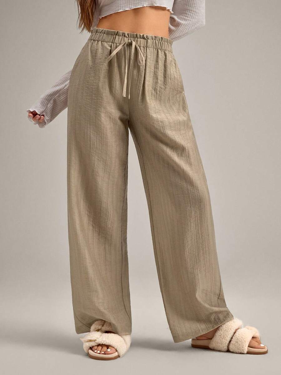 Women's Solid Color Ruffle Waist Tie Casual Pants - Apricot - View 1