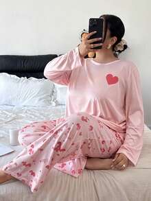 SHEIN Casual Underwear&Sleepwear 大码爱心印花长袖睡衣套装，冬季服装 - 彩色 - 查看 3
