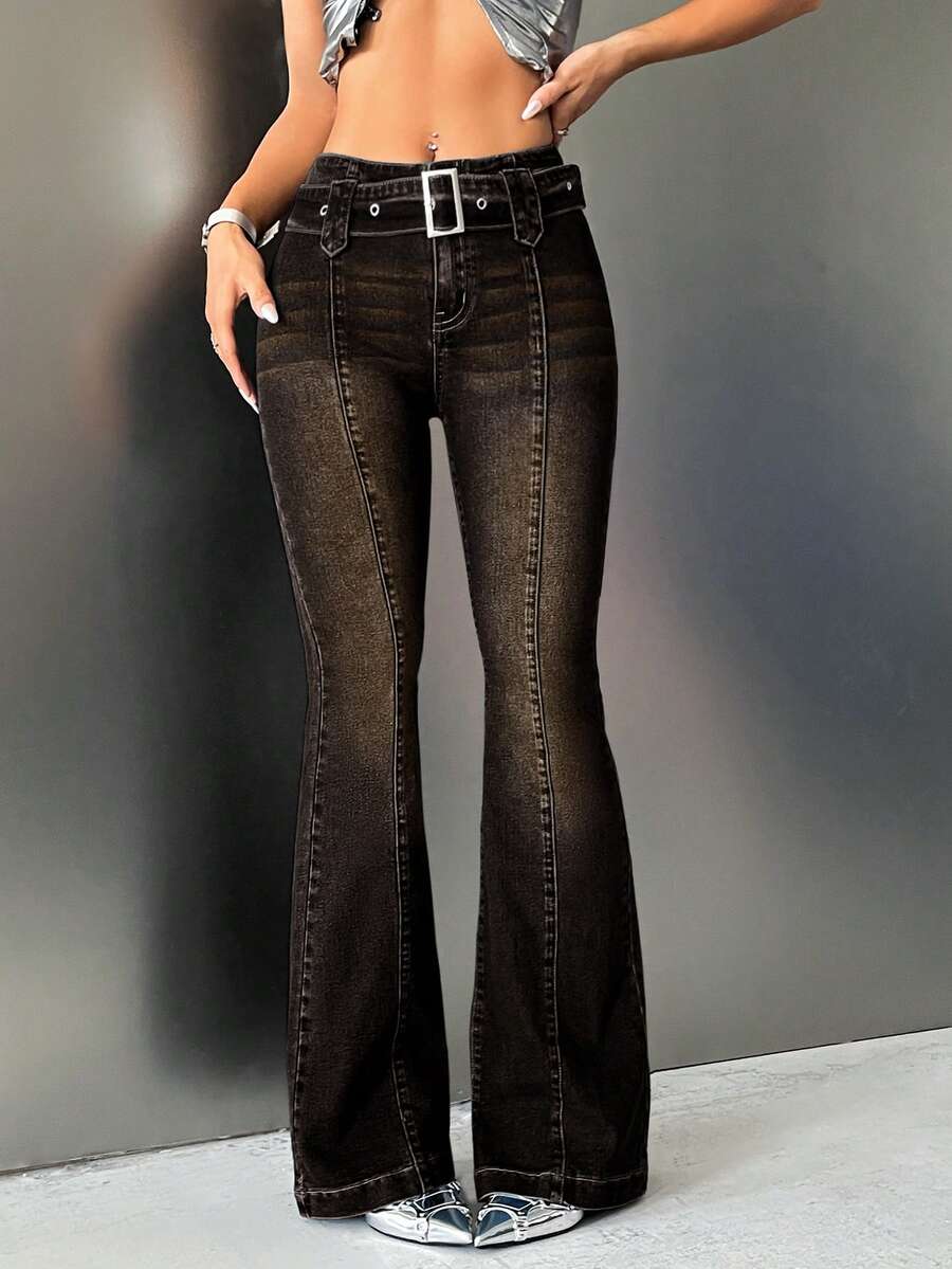 SHEIN ICON 女士低腰喇叭双扣牛仔裤 - 黑色 - 查看 1