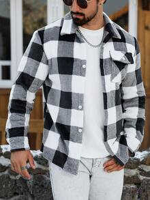 Manfinity CasualCool 男士格子印花口袋前开襟纽扣休闲长袖衬衫 - 黑與白 - 查看 6