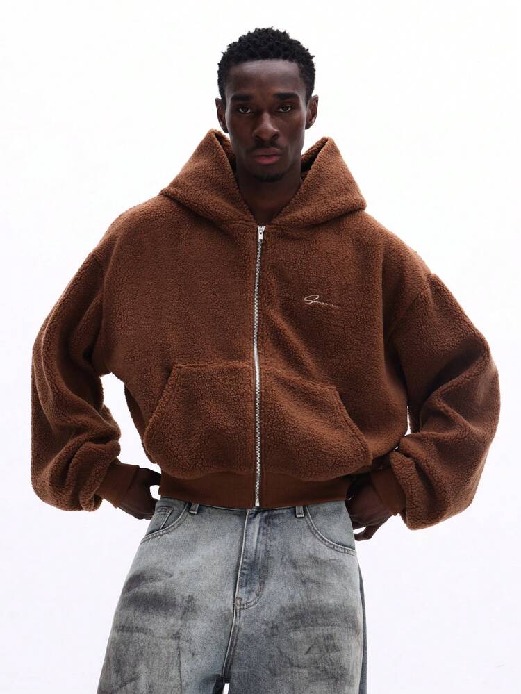 SUMWON Regular Men's Oversized Sherpa Full-Zip Hoodie With Centre Pocket Teddy Bear Fleece Jacket Winter Casual Streetwear Plain