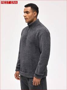 Rest Era 男士纯色半开襟拉链长袖家居服上衣，蓬松冬季款 - 灰色 - 查看 3