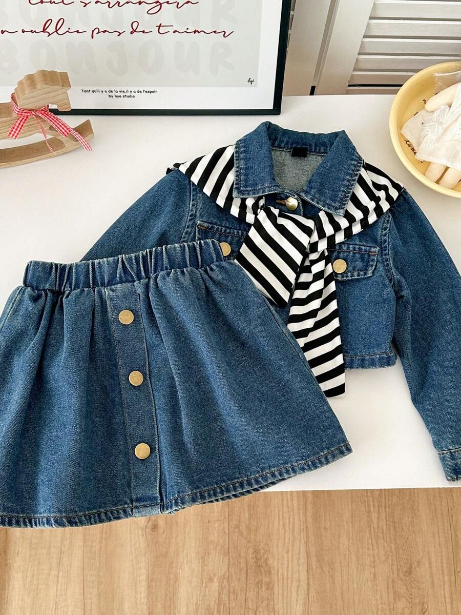 Genkimix Kids Jaket Denim Biru Vintage Kasual, Rok Mini Denim Model A-Line, dan Selendang Bergaris, Set 3 Potong Modis dengan Desain Gaya Kampus, Cocok untuk Gadis-Gadis Bergaya - Medium Wash - View 1