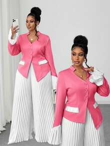 Maweii 2 pièces/Set Blazer ajusté à col en V et patchwork avec ourlet mouchoir et pantalon long plissé pour femmes, tenue de bureau élégante, grande taille