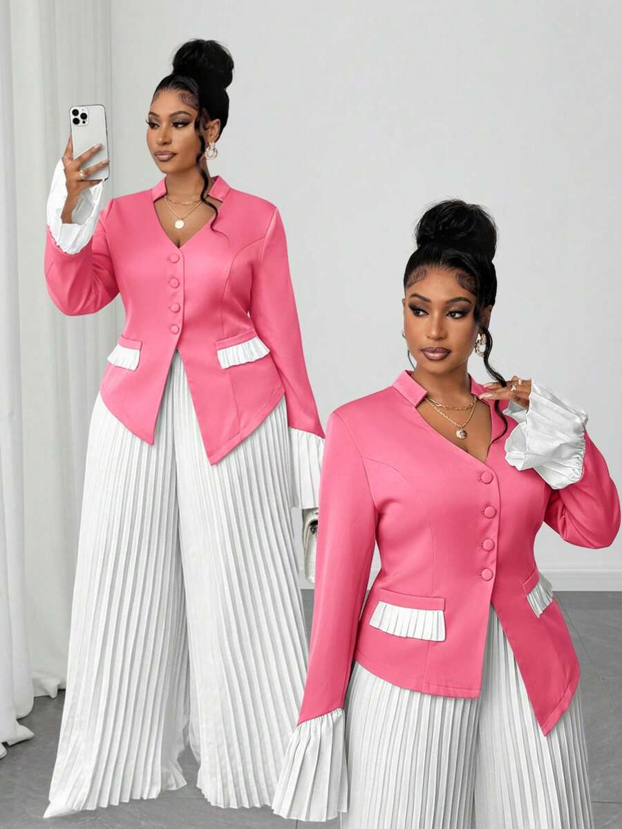 Maweii 2 pièces/Set Blazer ajusté à col en V et patchwork avec ourlet mouchoir et pantalon long plissé pour femmes, tenue de bureau élégante, grande taille