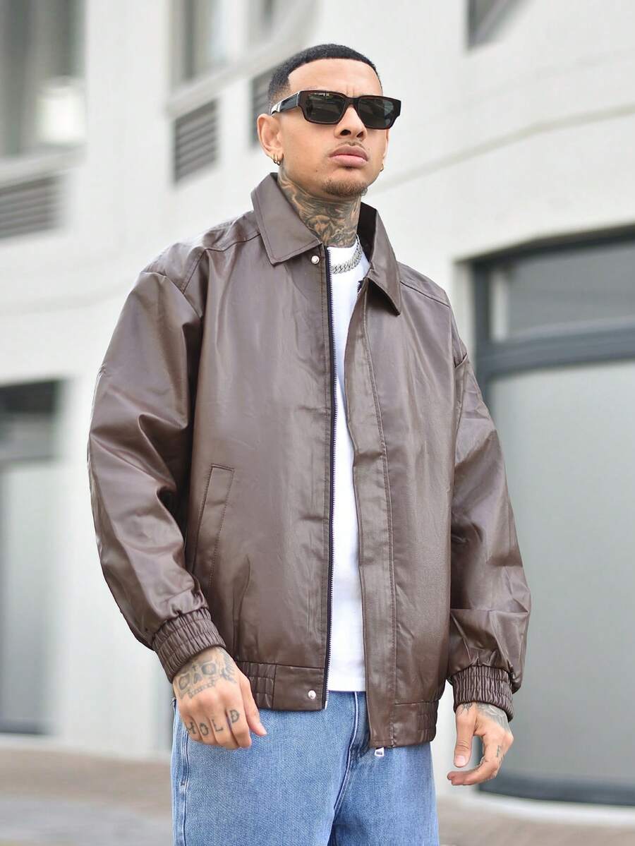 Devon Thys Men's Casual Loose Fit Business PU Leather Jacket, For Fall, Grunge - Brown - View 1