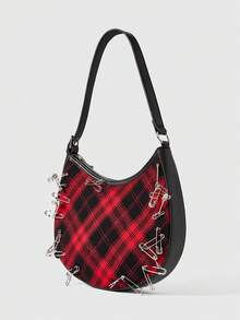 ROMWE Grunge Punk Bolsa de Ombro de Moda com Design de Broche Xadrez em Estilo Punk Feminino - Preto - Visão 2