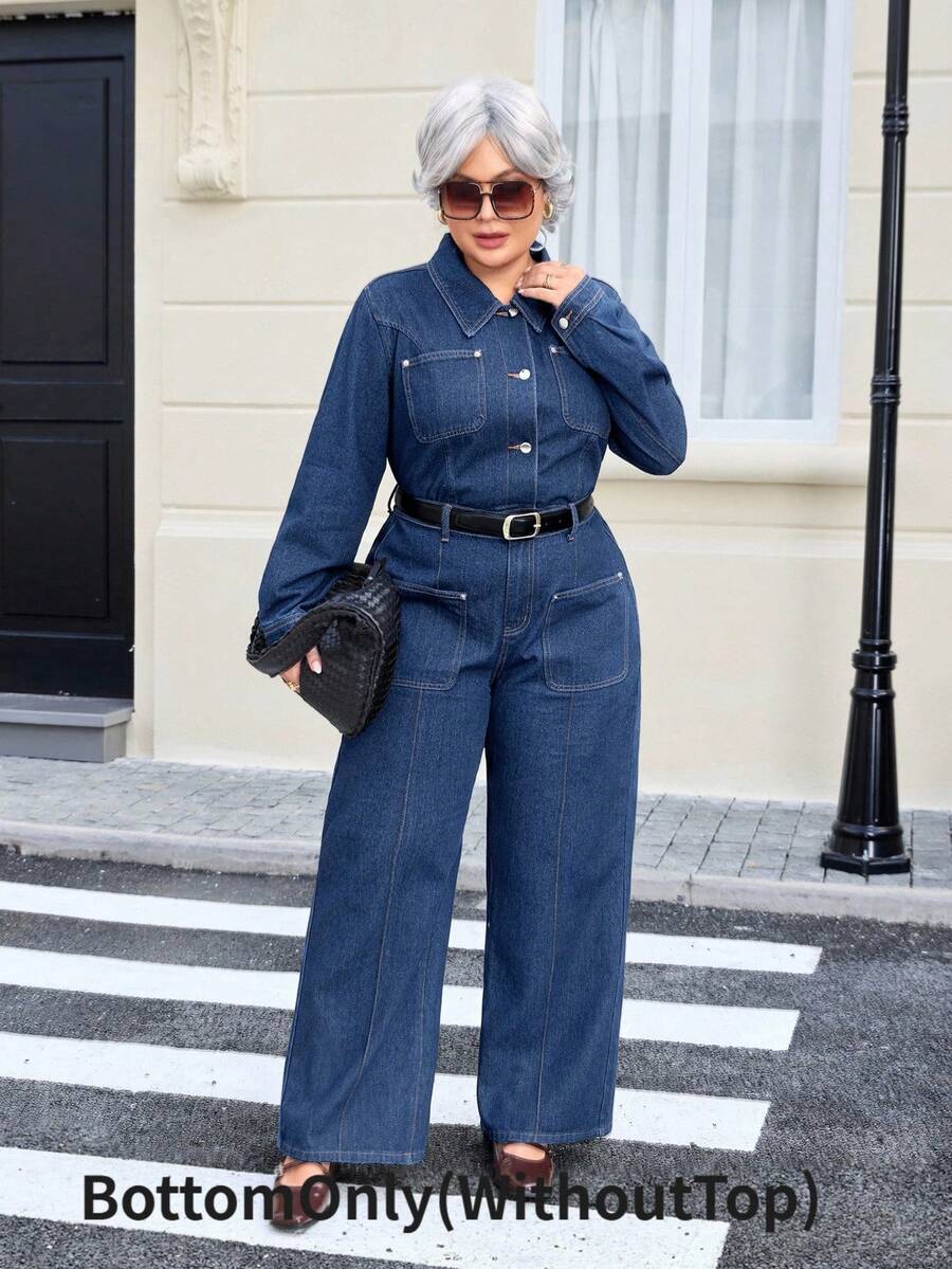 EMERY ROSE Celana Jeans Denim Cuci Ukuran Besar untuk Liburan Kasual - Medium Wash - View 1