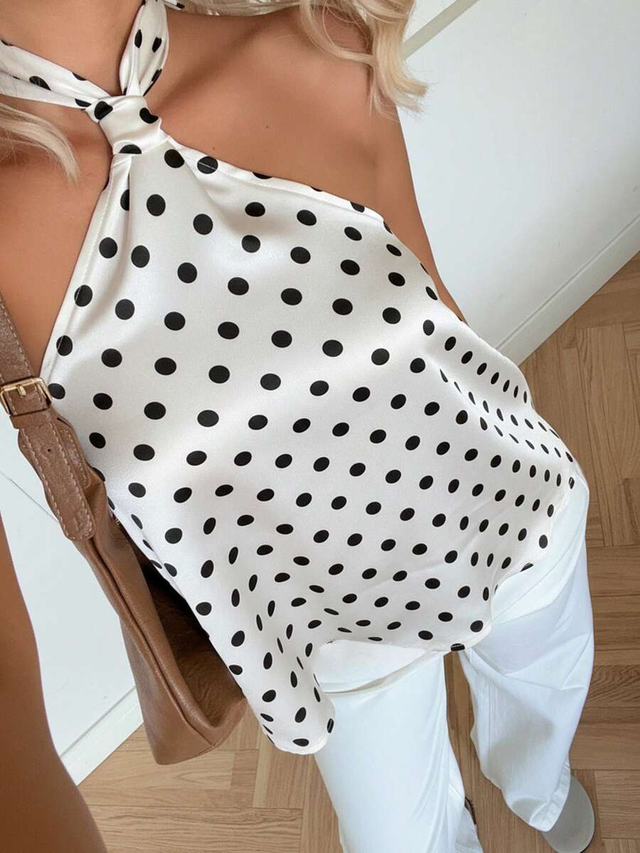 SHEIN EZwear Women's Halter Neck Tie Polka Dot Fashionable Versatile Blouse - White - View 1