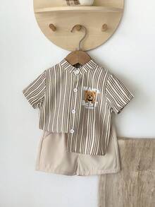 SHEIN Playful Pals 两件套婴儿套装，适合6个月至3岁宝宝，男女宝宝通用，卡其色条纹小熊印花短袖衬衫+纯色弹力腰短裤，春夏休闲日常度假复古小熊图案男宝宝服装，男宝宝亚麻套装，夏季两件套，适合1岁男宝宝，男宝宝休闲套装，男宝宝套装 - 彩色 - 查看 3