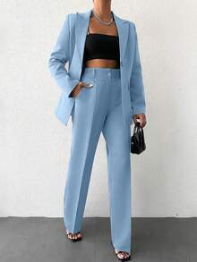 EURMUSE Ladies' Casual Solid Color Suit With Long Coat And Pants - Baby Blue - View 3