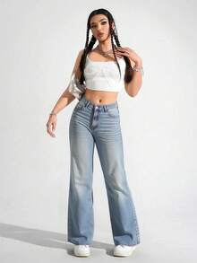 Pantalones Vaqueros Anchos con Cintura Elástica y Diseño Patchwork, Confortables y Estilosos para Mujer - Azul claro - Ver 3