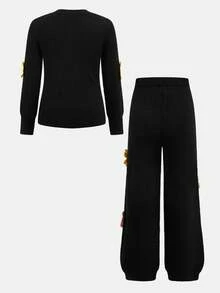 SHEIN 青少年女孩休闲日常黑色钩针装饰圆领长袖修身毛衣和钩针装饰裤子套装 - 黑色 - 查看 2