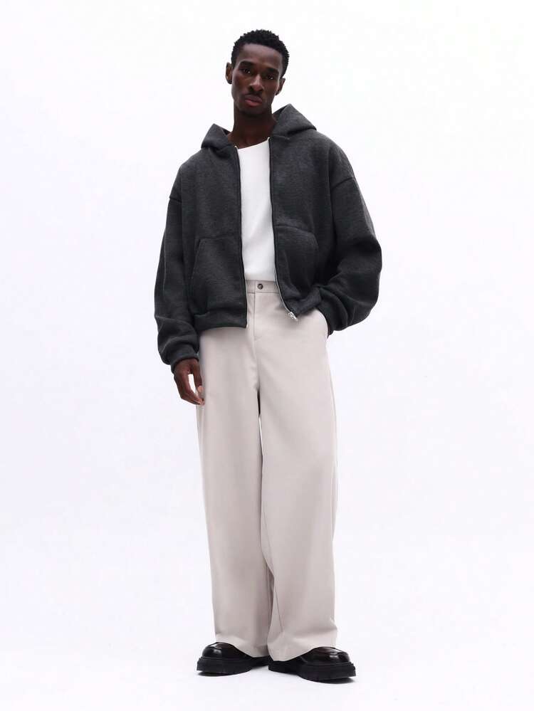 SUMWON Crop Fit Charcoal Brushed Fleece Full-Zip Hoodie Without Drawstring Hood And Centre Pocket For Casual Winter Layering Plain