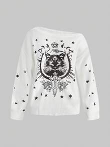 ROMWE Fairycore Damen Loose Fit Schräg Schulter Pullover mit dunklem okkultem Katzen- und Sternenmuster - Beige - Übersicht 1