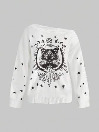 Fairycore Maglione oversize da donna con spalla obliqua e stampa di gatto occulto scuro e stelle
