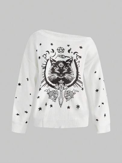 ROMWE Fairycore Women's Loose Fit Oblique Shoulder Sweater With Dark Occult Cat & Star Print