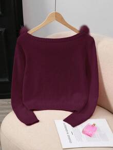 Franclia 时尚纯色拼接毛领毛衣，秋冬款 - 酒紅色 - 查看 2