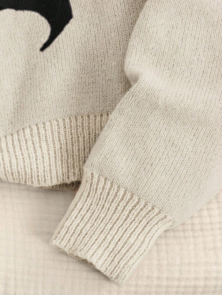 SHEIN Tween Girls' Apricot Cute Casual Contrast Black Butterfly Round Neck Long Sleeve Cropped Sweater Top, Suitable For Spring, Autumn, Winter, Clean Girl Style, Chinese New Year, Valentine's Day - Apricot - View 5