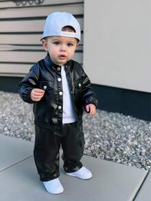 2 件套婴儿男童/女童休闲舒适百搭立领长袖厚 PU 夹克和休闲工装裤套装，适合冬季 - 黑色 - 查看 1