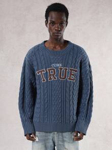 DAZY Men's Letter Embroidery Design Blue Striped Cable Knit Sweater, Autumn/Winter - Blue - View 3