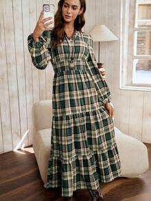 LanaWest 女士格子图案可追踪面料圆领小褶皱收腰娃娃裙，裙摆设计休闲波西米亚西部乡村风格，百搭长袖中长连衣裙 - 綠色 - 查看 4