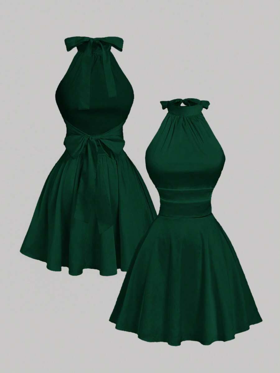 SHEIN MOD Váy ngắn hở lưng màu trơn, xếp nếp, hở lưng dành cho nữ, Váy mùa thu dành cho nữ, Giáng sinh, Váy Giáng sinh, Váy năm mới, Lễ tạ ơn, Váy dự tiệc sang trọng, Váy khách dự tiệc cưới, Váy dạ hội, Váy trang trọng, Váy dạ hội cưới sang trọng - Màu xanh lá cây đậm - Xem 1