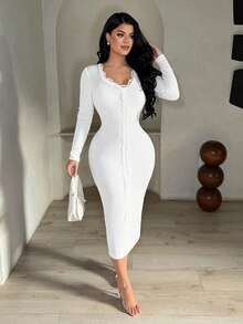 SHEIN SXY 女士优雅纯色蕾丝边修身连衣裙 - 黑色 - 查看 4