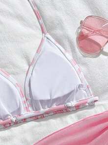 SHEIN 可爱少女豹纹三角吊带泳衣套装，含腰部纱笼（图案随机） - 粉色 - 查看 5