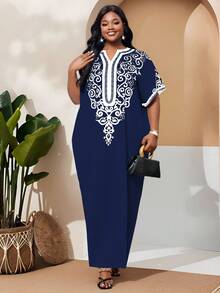 SHEIN Lady 大码V领印花优雅短袖连衣裙 - 藏蓝色 - 查看 4