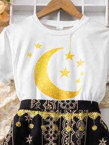 SHEIN Explorewe Tween Girls' Two Pieces Suit; Middle Eastern T-Shirt + Skirt Two Pieces Suit; Moon And Star Print, Simple And Versatile - Black - View 3