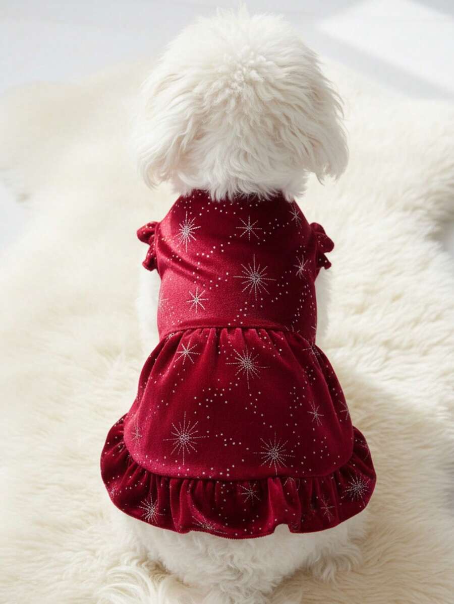 PETSIN 1pc Luxury Pet Velvet Snowflake & Star Print Dress, Christmas Outfit - Multicolor - View 1