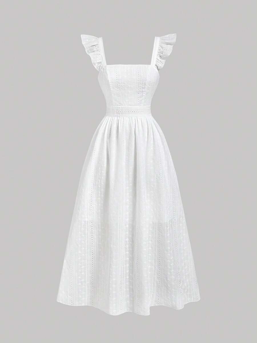 SHEIN MOD 白色镂空腰部夏季长裙、荷叶边袖、后领结、毕业礼服、派对礼服、夏季女式挤奶女工装、蝴蝶结连衣裙、波西米亚风连衣裙、长裙、沙滩裙、白色连衣裙、刺绣连衣裙、乡村音乐会连衣裙、早午餐连衣裙、白色长裙、早午餐连衣裙 - 白色 - 查看 1