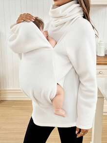 SHEIN 双层加厚连帽三合一外套，多功能孕妇背巾婴儿背带抓绒 - 米色 - 查看 3