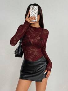 EgrlEra Women's Lace Elastic Peony Floral Sheer Sexy Blouse (Random Cut) - Maroon - View 5