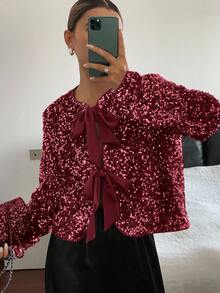 Livesso Women's Sequin Tie Front Blouse For Party, Autumn Glitter Top - Burgundy - View 3